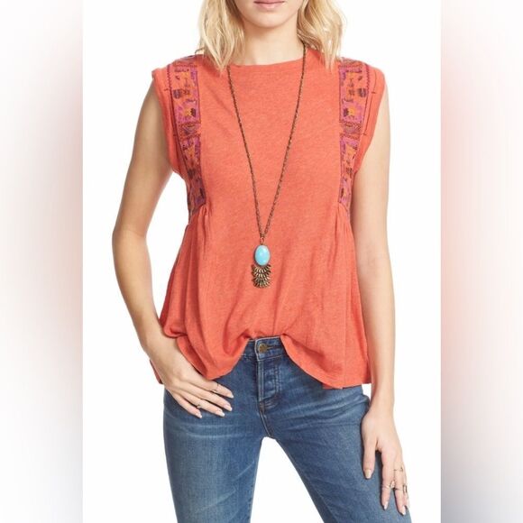 FREE PEOPLE Sz small MARCY EMBROIDERED SLEEVELESS TANK TOP IN RED ORANGE - Picture 1 of 7